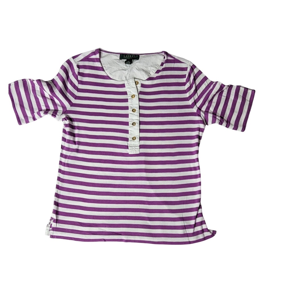 Lauren Ralph Lauren Petite Purple White Striped Henley Top Gold Buttons PM